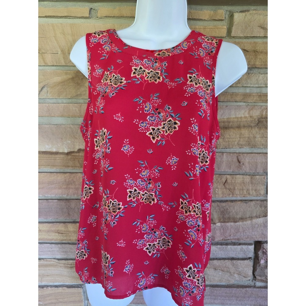 "Pink Rose" Red Floral Sleeveless Round Neck Keyhole Sleeveless Sz M Blouse #A25